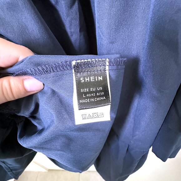 Women's Preppy Navy Blue Ruffle Smock Dress with Long Sleeves Collar - Large - Picture 5 of 5